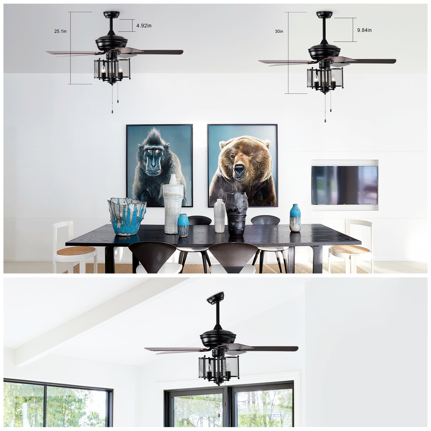 52'' Farmhouse Ceiling Fan 5PCS Dual Finish Blades Industrial Fandelier for Living room Bedroom Patio --Matte Black--Hand Pull Chain