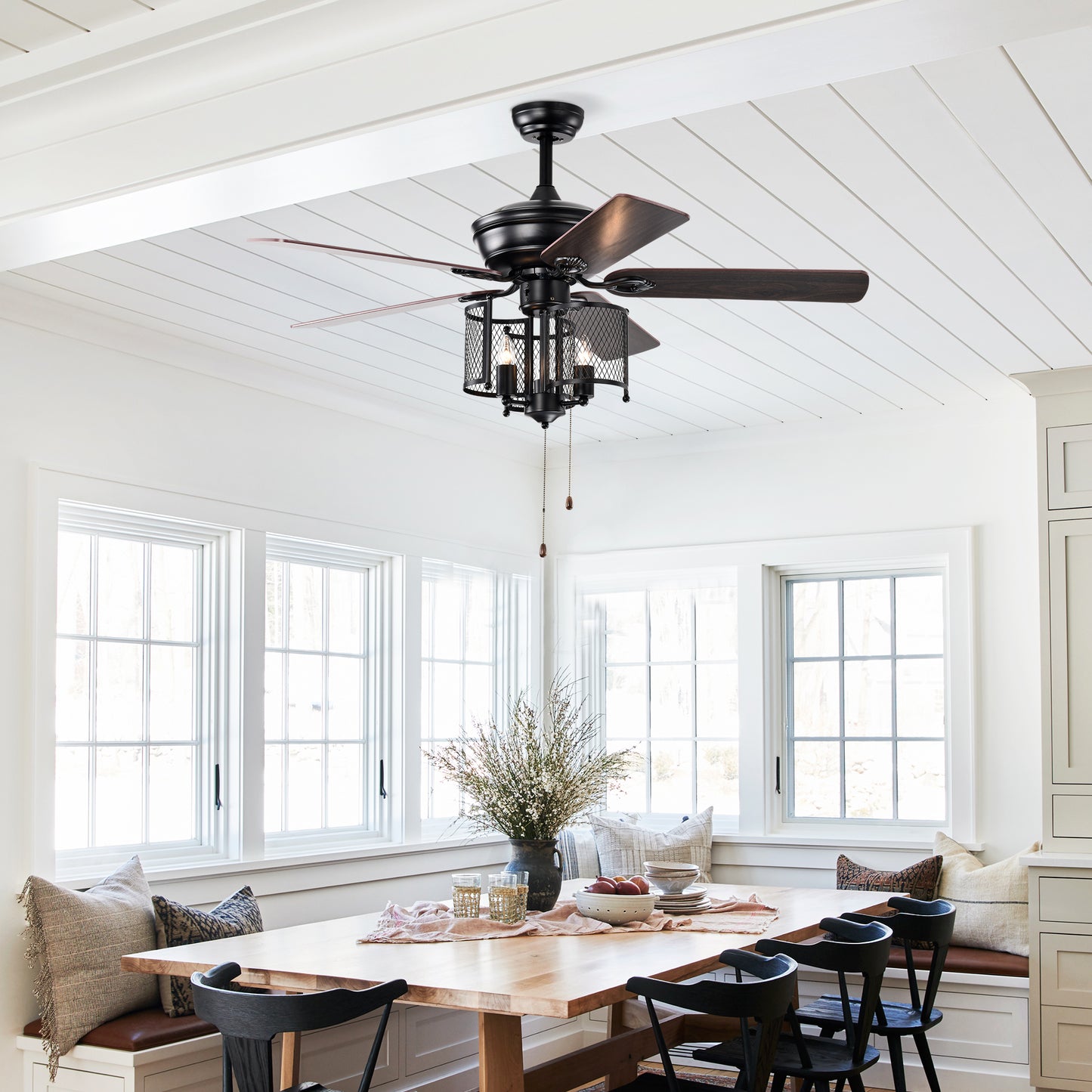 52'' Farmhouse Ceiling Fan 5PCS Dual Finish Blades Industrial Fandelier for Living room Bedroom Patio --Matte Black--Hand Pull Chain