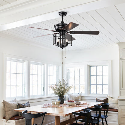 52'' Farmhouse Ceiling Fan 5PCS Dual Finish Blades Industrial Fandelier for Living room Bedroom Patio --Matte Black--Hand Pull Chain