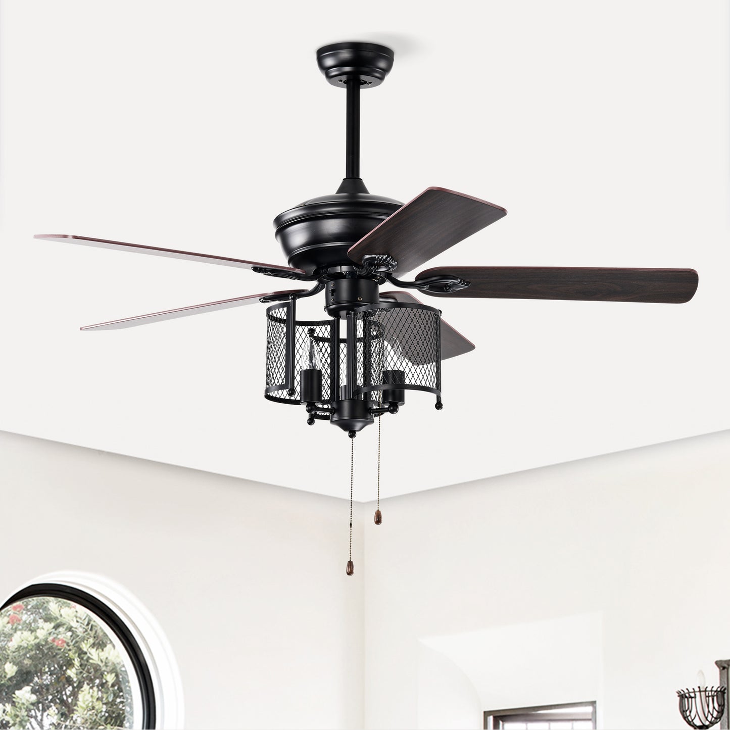 52'' Farmhouse Ceiling Fan 5PCS Dual Finish Blades Industrial Fandelier for Living room Bedroom Patio --Matte Black--Hand Pull Chain