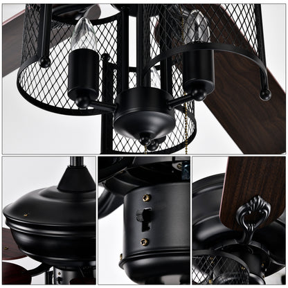 52'' Farmhouse Ceiling Fan 5PCS Dual Finish Blades Industrial Fandelier for Living room Bedroom Patio --Matte Black--Hand Pull Chain
