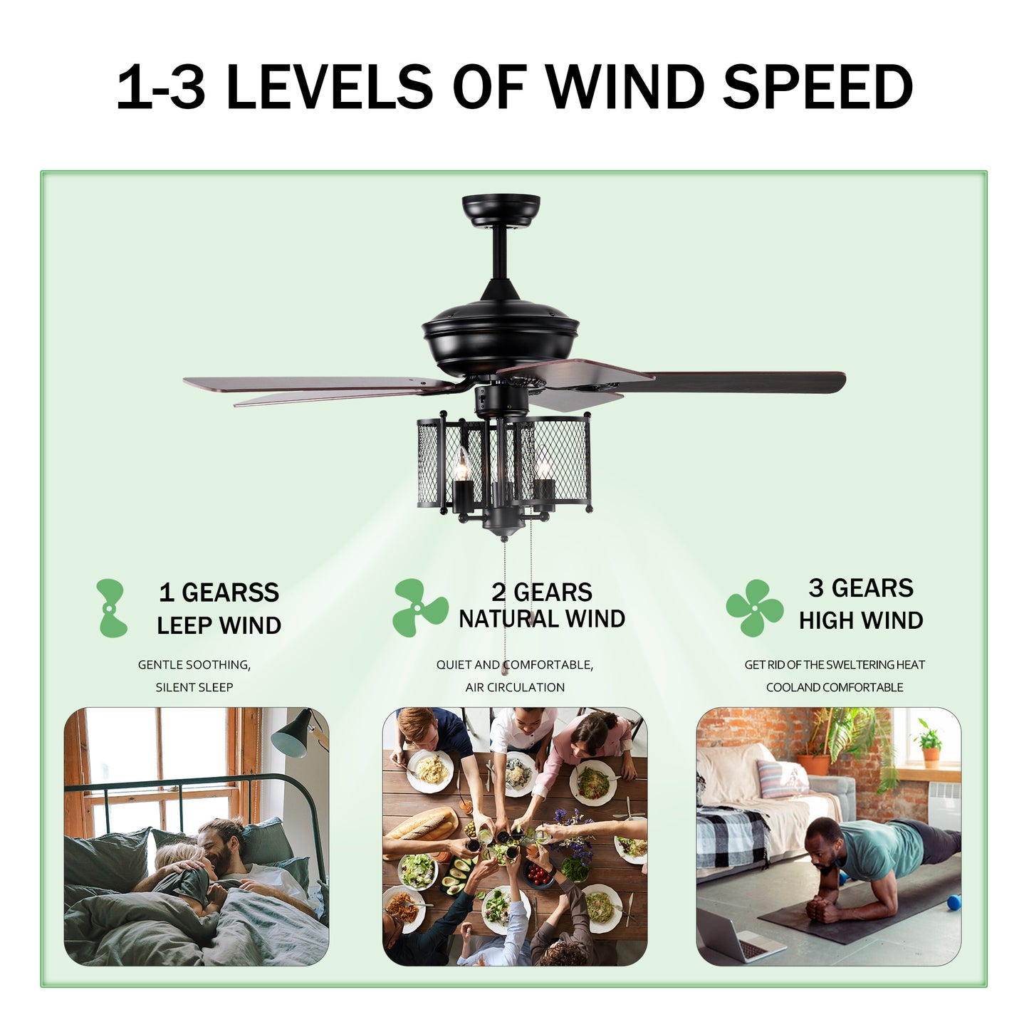52'' Farmhouse Ceiling Fan 5PCS Dual Finish Blades Industrial Fandelier for Living room Bedroom Patio --Matte Black--Hand Pull Chain