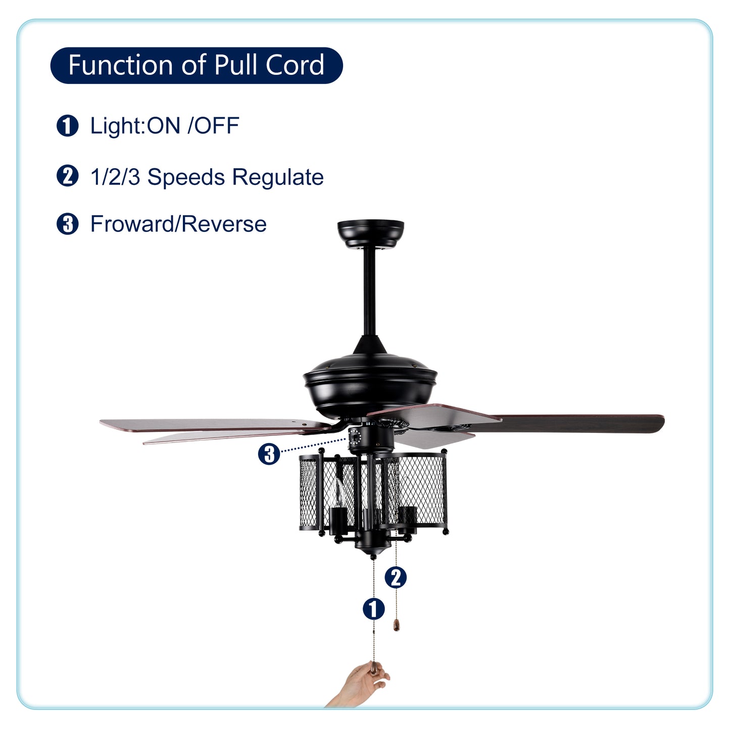 52'' Farmhouse Ceiling Fan 5PCS Dual Finish Blades Industrial Fandelier for Living room Bedroom Patio --Matte Black--Hand Pull Chain