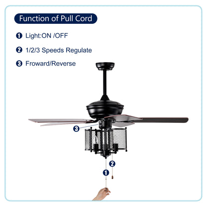 52'' Farmhouse Ceiling Fan 5PCS Dual Finish Blades Industrial Fandelier for Living room Bedroom Patio --Matte Black--Hand Pull Chain