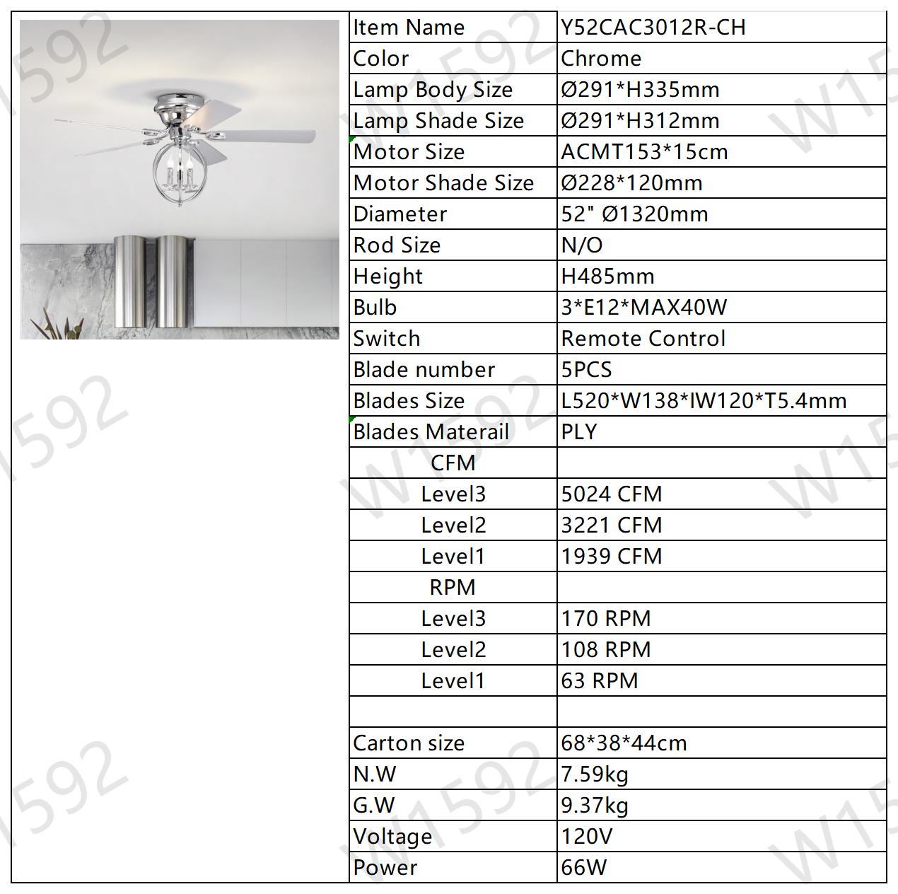 5-blade 52-inch Chrome Ceiling Fan with 3-Light (NO INCLUDE BULB) Chandelier (Remote Controlled)