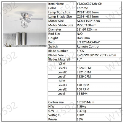 5-blade 52-inch Chrome Ceiling Fan with 3-Light (NO INCLUDE BULB) Chandelier (Remote Controlled)