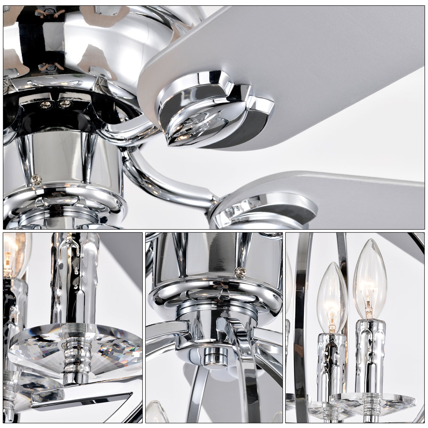 5-blade 52-inch Chrome Ceiling Fan with 3-Light (NO INCLUDE BULB) Chandelier (Remote Controlled)