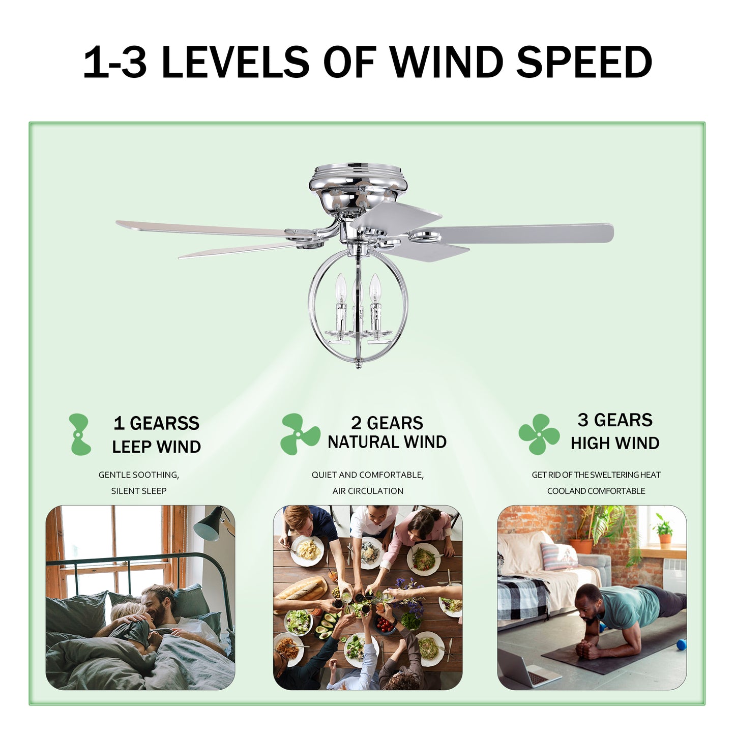 5-blade 52-inch Chrome Ceiling Fan with 3-Light (NO INCLUDE BULB) Chandelier (Remote Controlled)