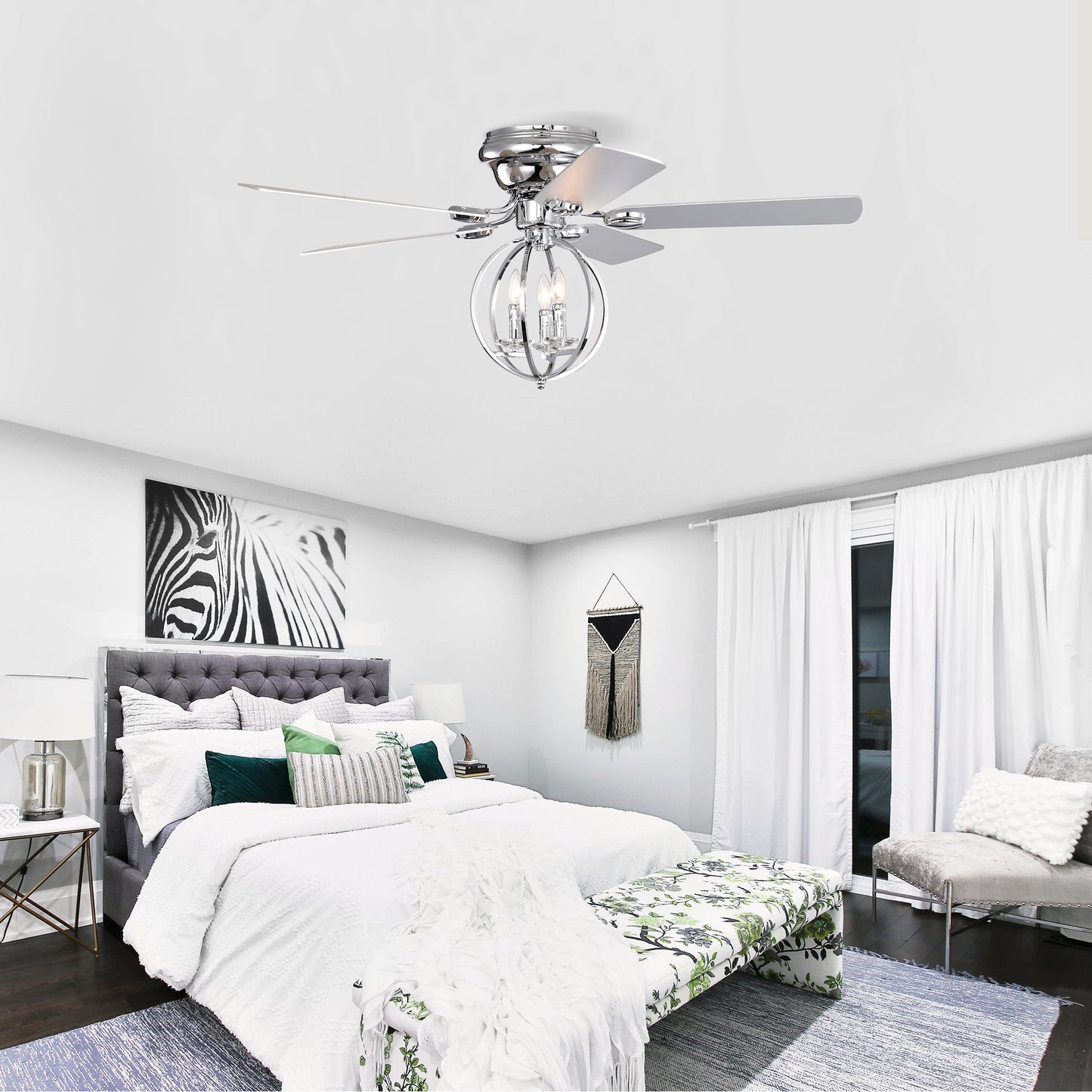 5-blade 52-inch Chrome Ceiling Fan with 3-Light (NO INCLUDE BULB) Chandelier (Remote Controlled)