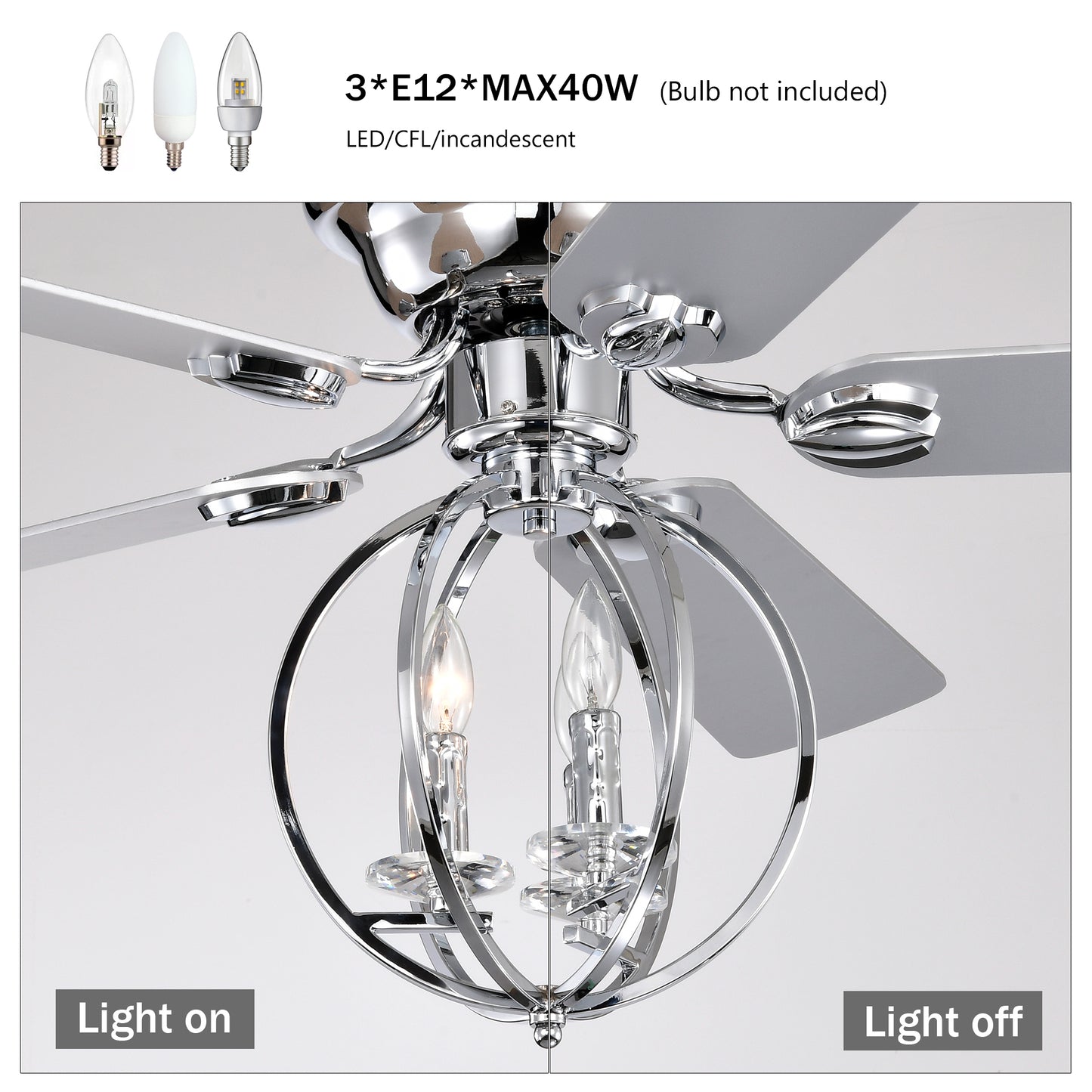 5-blade 52-inch Chrome Ceiling Fan with 3-Light (NO INCLUDE BULB) Chandelier (Remote Controlled)