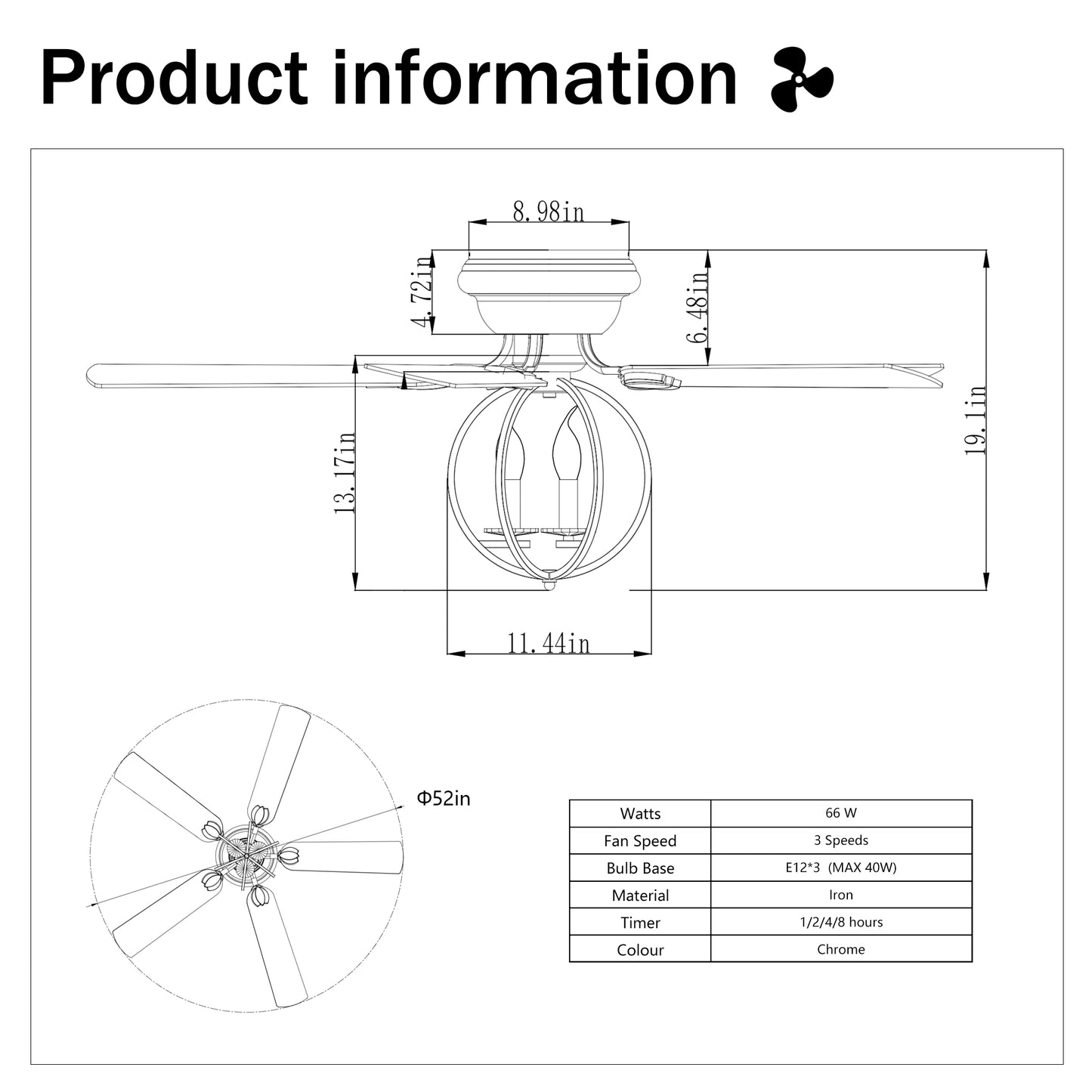 5-blade 52-inch Chrome Ceiling Fan with 3-Light (NO INCLUDE BULB) Chandelier (Remote Controlled)