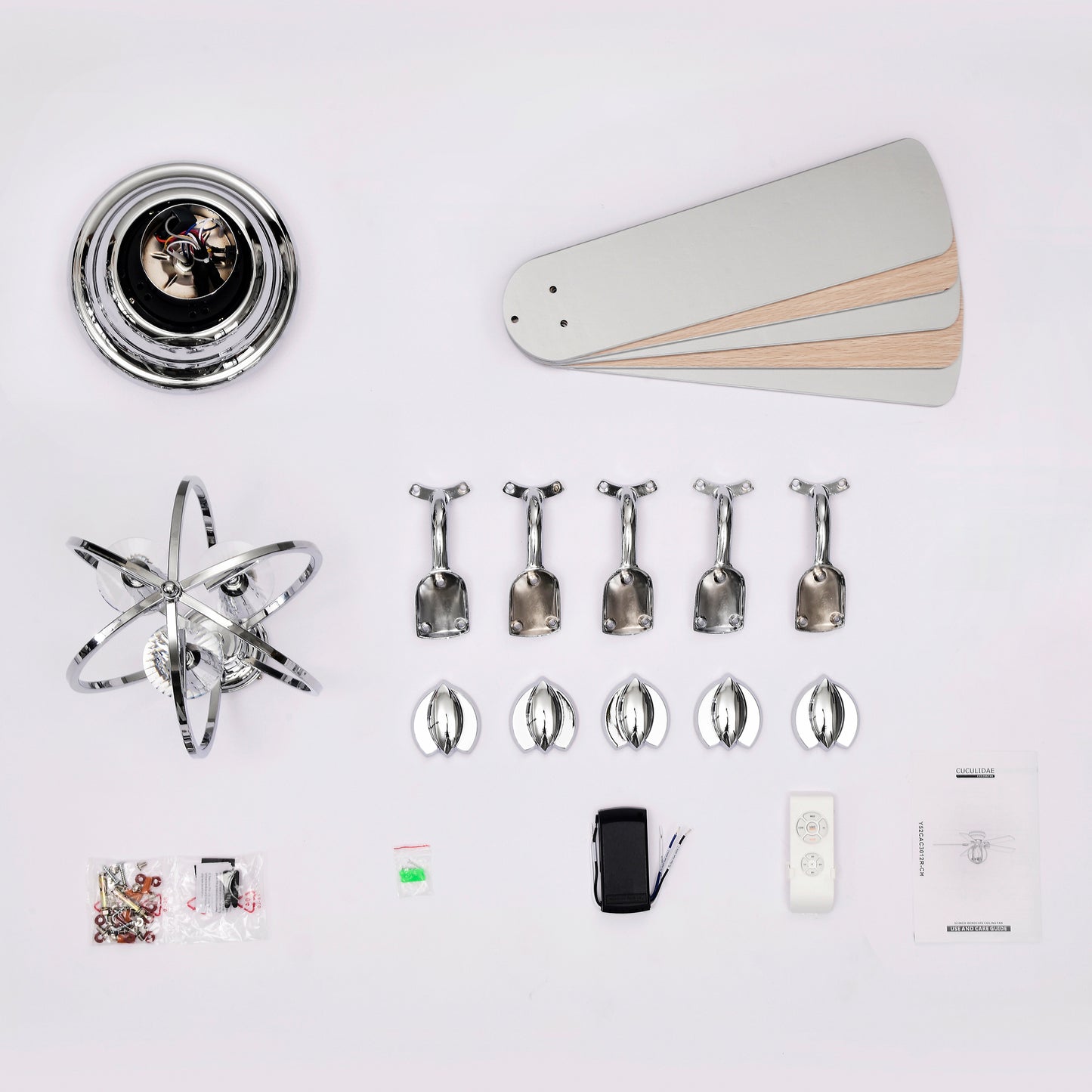 5-blade 52-inch Chrome Ceiling Fan with 3-Light (NO INCLUDE BULB) Chandelier (Remote Controlled)