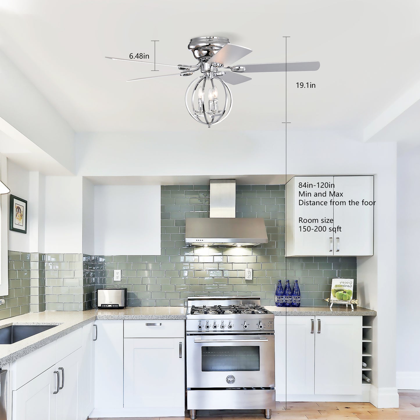 5-blade 52-inch Chrome Ceiling Fan with 3-Light (NO INCLUDE BULB) Chandelier (Remote Controlled)