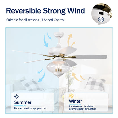 52'' Low Profile Ceiling Fan , White Modern Ceiling Fans with Remote Control for Bedroom,Living Room,3 Speed ,Glass Shade --Matte White
