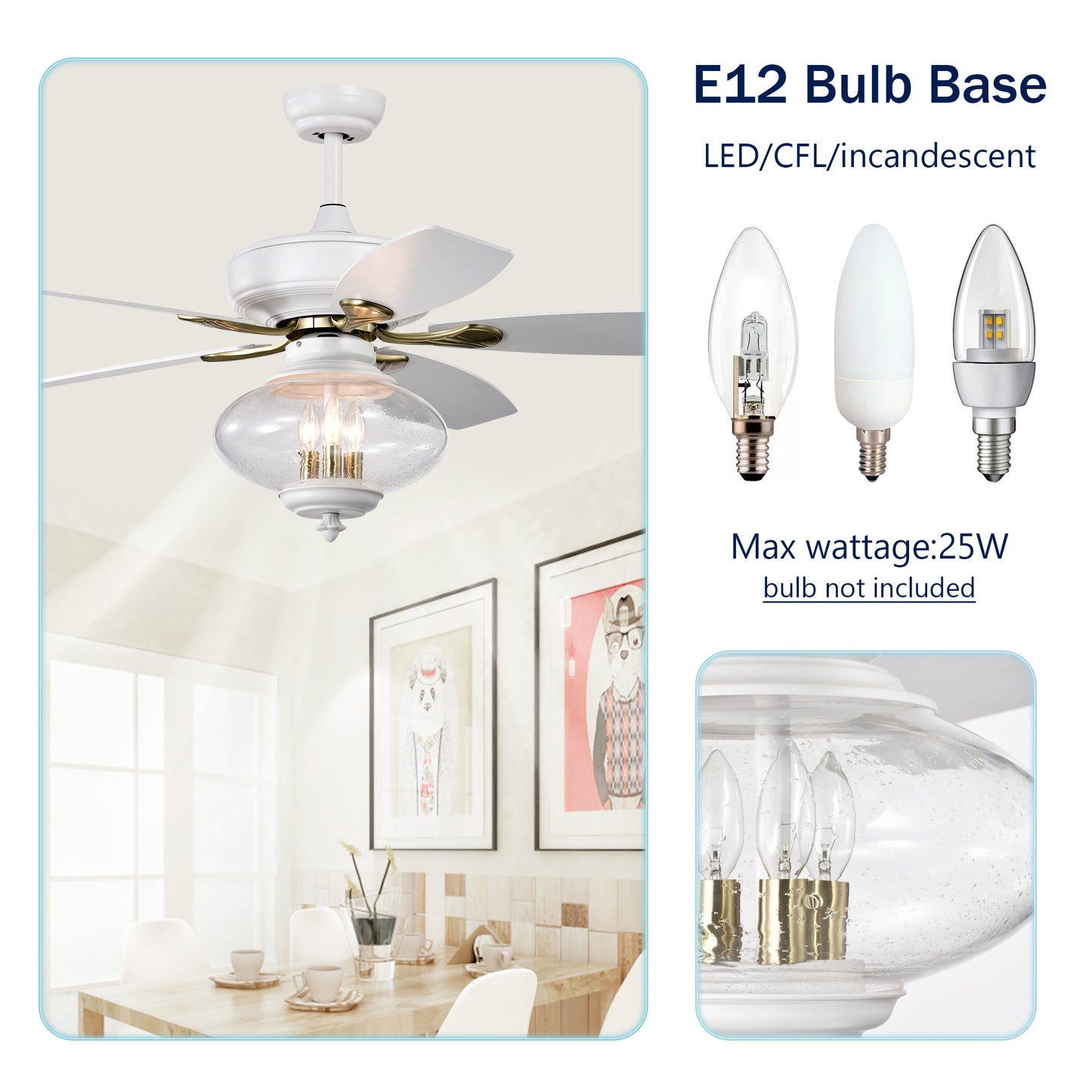 52'' Low Profile Ceiling Fan , White Modern Ceiling Fans with Remote Control for Bedroom,Living Room,3 Speed ,Glass Shade --Matte White