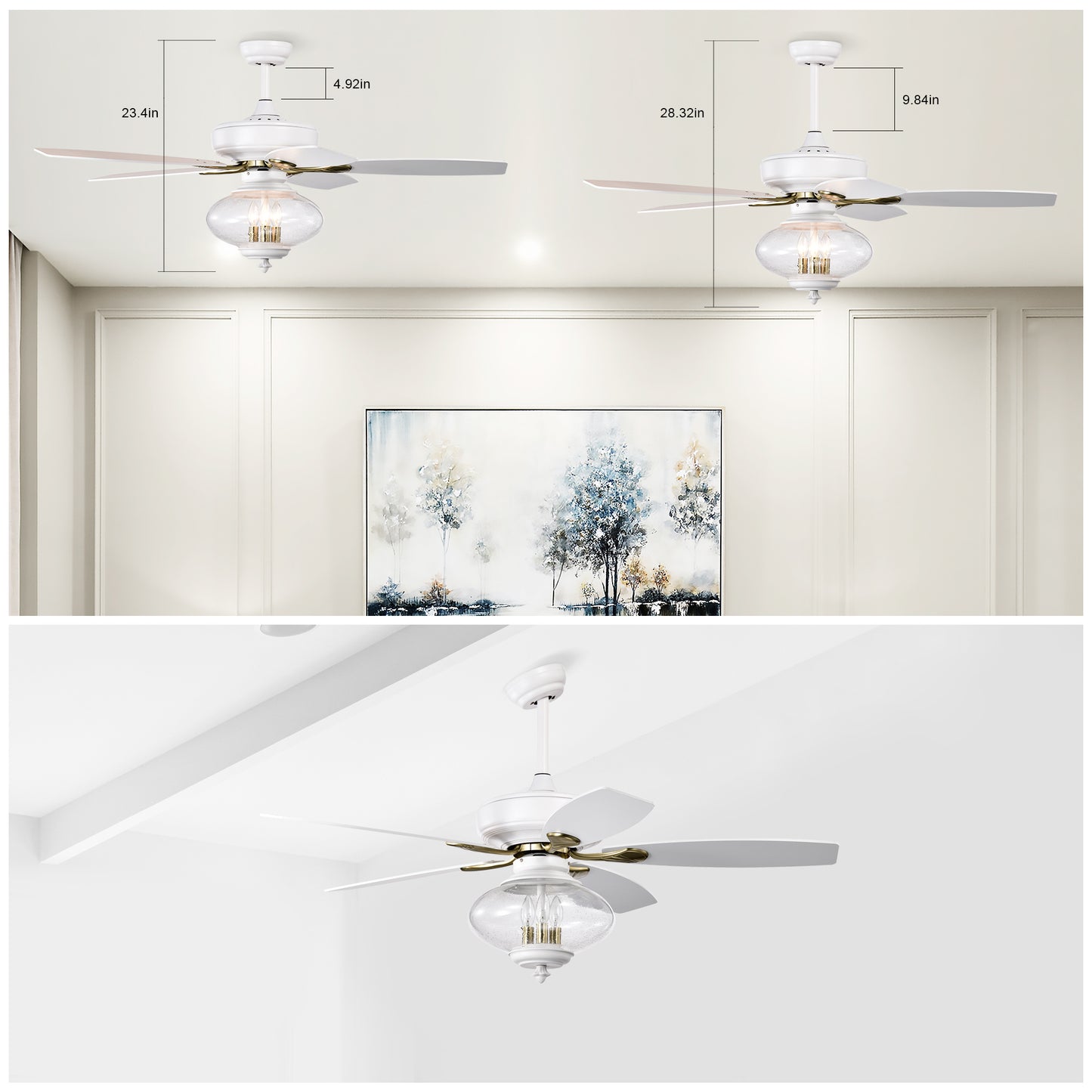 52'' Low Profile Ceiling Fan , White Modern Ceiling Fans with Remote Control for Bedroom,Living Room,3 Speed ,Glass Shade --Matte White