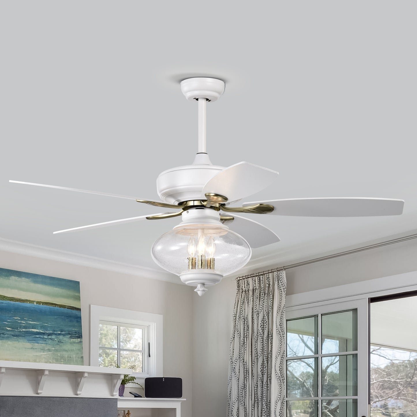 52'' Low Profile Ceiling Fan , White Modern Ceiling Fans with Remote Control for Bedroom,Living Room,3 Speed ,Glass Shade --Matte White