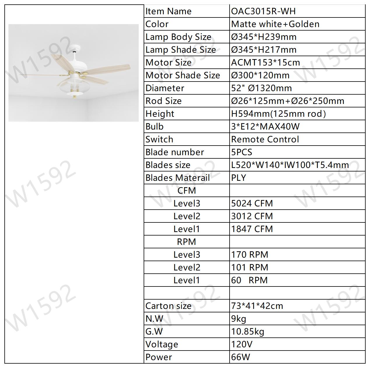 52'' Low Profile Ceiling Fan , White Modern Ceiling Fans with Remote Control for Bedroom,Living Room,3 Speed ,Glass Shade --Matte White