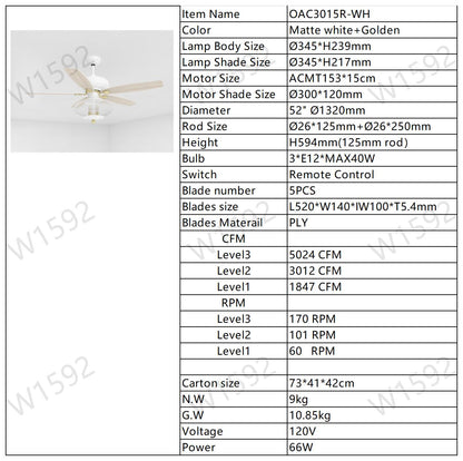 52'' Low Profile Ceiling Fan , White Modern Ceiling Fans with Remote Control for Bedroom,Living Room,3 Speed ,Glass Shade --Matte White