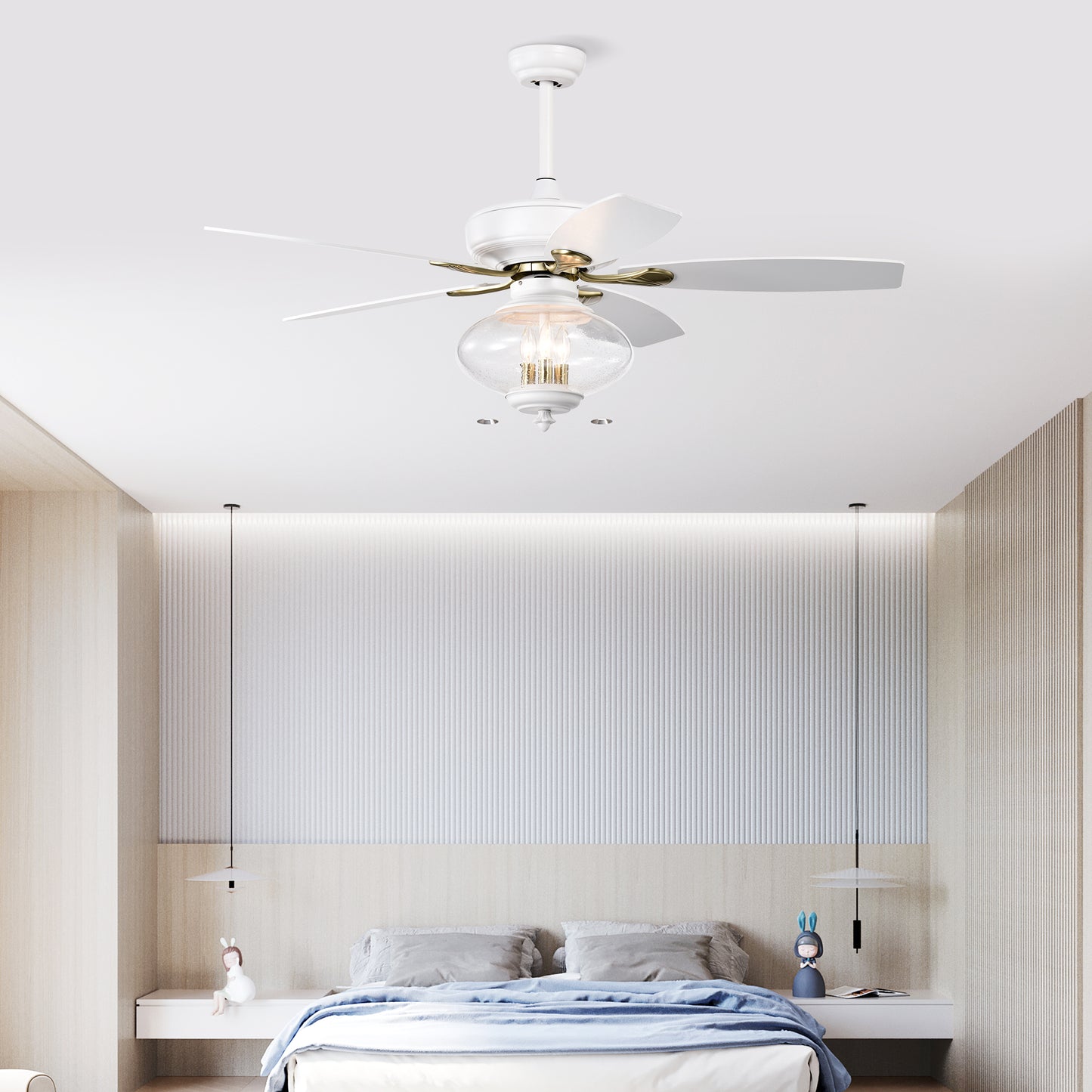 52'' Low Profile Ceiling Fan , White Modern Ceiling Fans with Remote Control for Bedroom,Living Room,3 Speed ,Glass Shade --Matte White