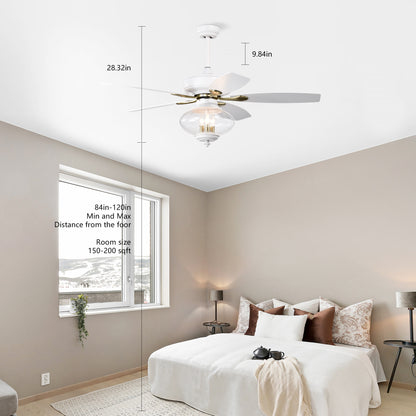 52'' Low Profile Ceiling Fan , White Modern Ceiling Fans with Remote Control for Bedroom,Living Room,3 Speed ,Glass Shade --Matte White