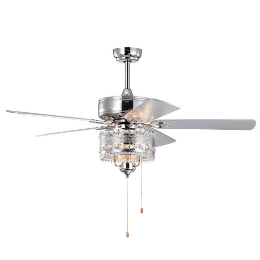 52'' Classical Crystal Ceiling Fan Lamp 5 Reversible Blades for Living Room, Dining Room, Bedroom, Family Room, Chrome (Hand Pull Chain)