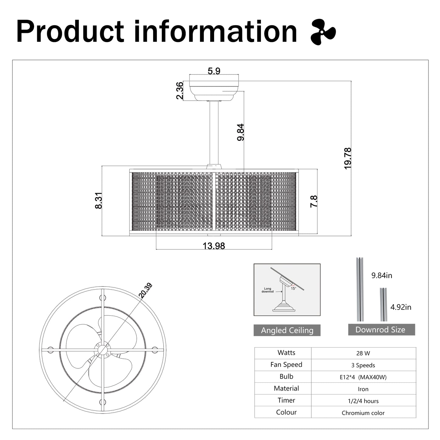 20.4'' 3 ABS Fan Blades Dual Shade Modern Ceiling Fan with Remote Control, Noiseless Reversible AC Motor for Bedroom/Living Room/Study/Patio,Chrome