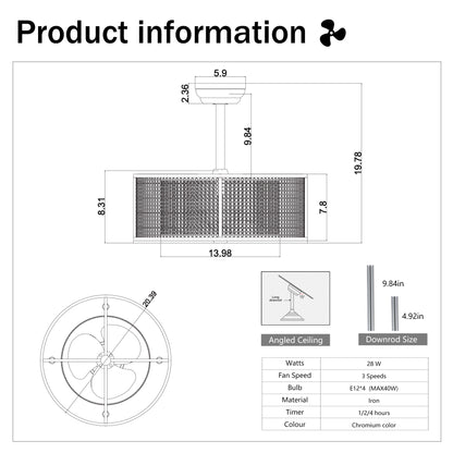 20.4'' 3 ABS Fan Blades Dual Shade Modern Ceiling Fan with Remote Control, Noiseless Reversible AC Motor for Bedroom/Living Room/Study/Patio,Chrome