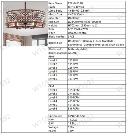 Dia 26.8 inch Chandelier Ceiling Fan ,Crystal Shade Ceiling Fan with Remote Control,3 ABS Blade--4-light( No Include Bulb)