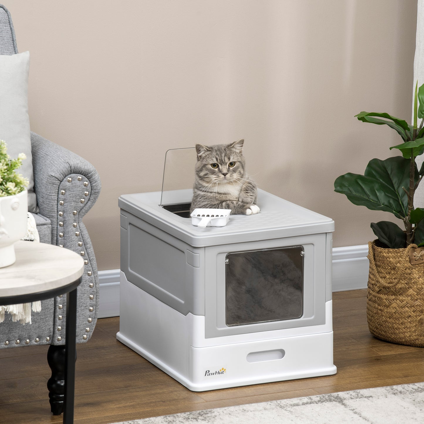 PawHut Fully Enclosed Cat Litter Box with Scoop, Hooded Cat Litter House with Drawer Type Tray, Foldable Smell Proof Cat Potty with Front Entry, Top Exit, Portable Pet Toilet with Large Space, Gray