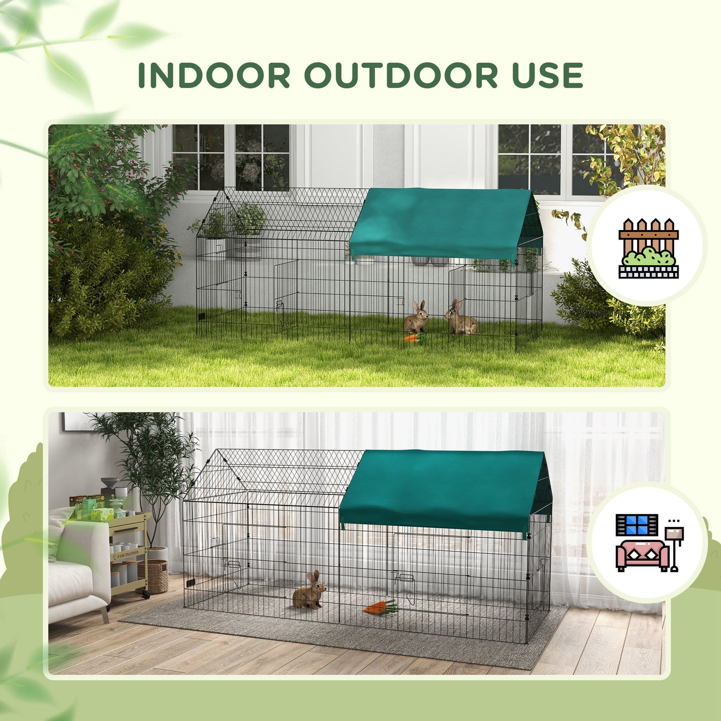 PawHut 87" Small Animal Playpen, Pet Playpen Yard Fence for Rabbits, Chicken, Chinchillas with Roof for Indoor & Outdoor, Green