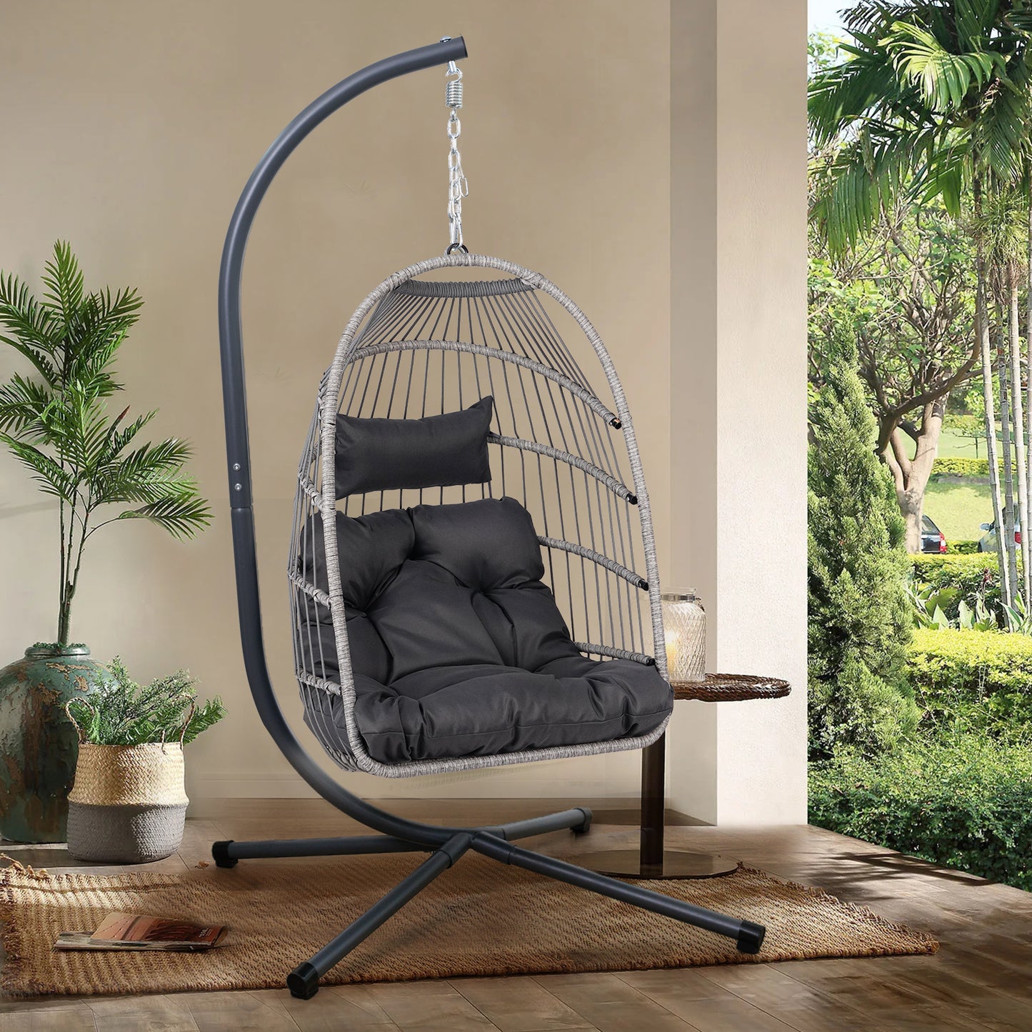 Outdoor Egg Hanging Chair with Stand, Patio Wicker Swing Egg Chair Indoor Swinging Chair Outdoor Hammock Egg Chair