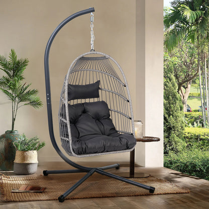 Outdoor Egg Hanging Chair with Stand, Patio Wicker Swing Egg Chair Indoor Swinging Chair Outdoor Hammock Egg Chair