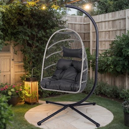 Outdoor Egg Hanging Chair with Stand, Patio Wicker Swing Egg Chair Indoor Swinging Chair Outdoor Hammock Egg Chair