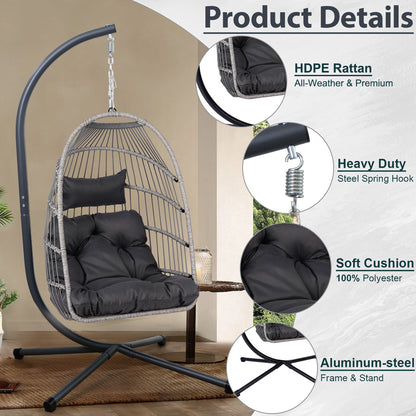 Outdoor Egg Hanging Chair with Stand, Patio Wicker Swing Egg Chair Indoor Swinging Chair Outdoor Hammock Egg Chair