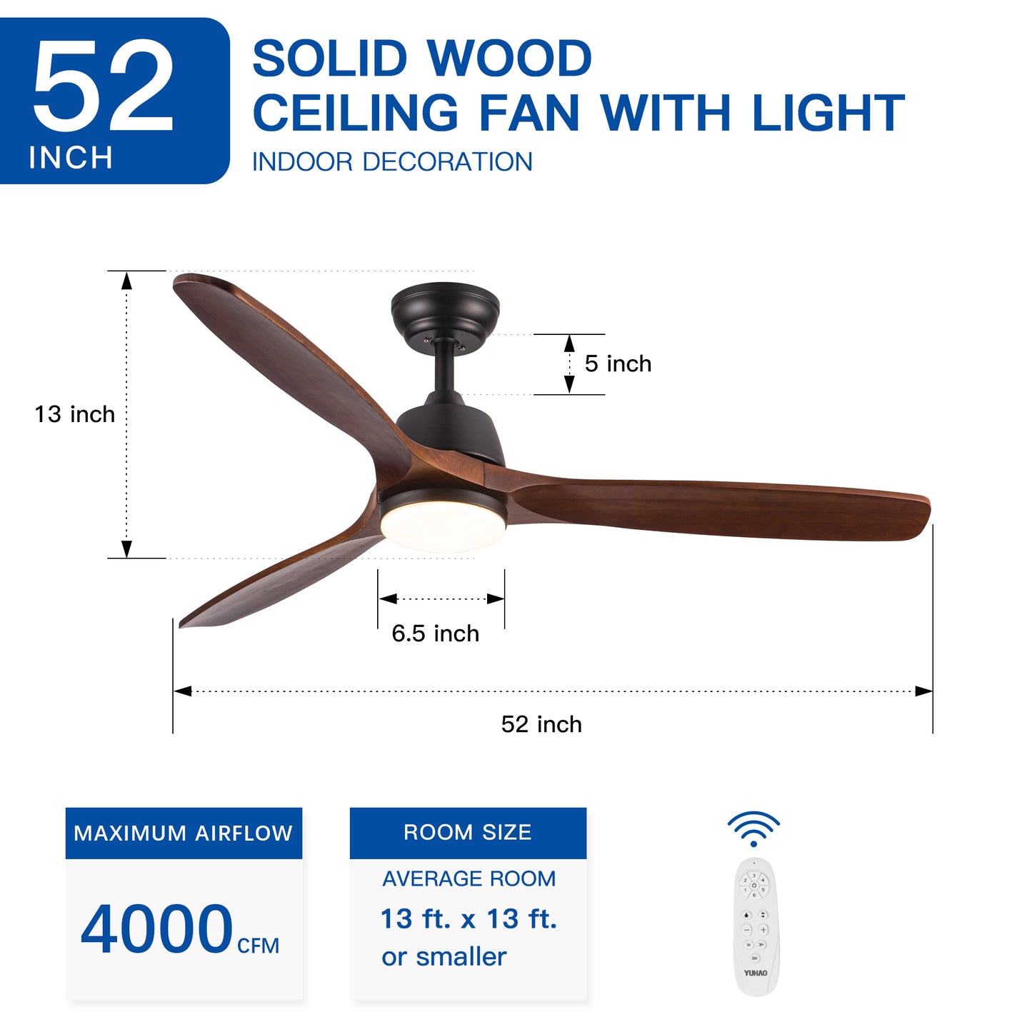 52" YUHAO Farmhouse Rustic LED Ceiling Fan with Remote Control