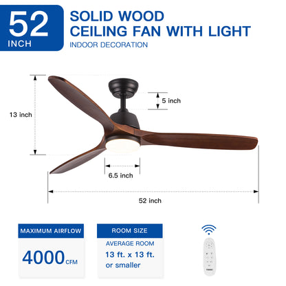 52" YUHAO Farmhouse Rustic LED Ceiling Fan with Remote Control