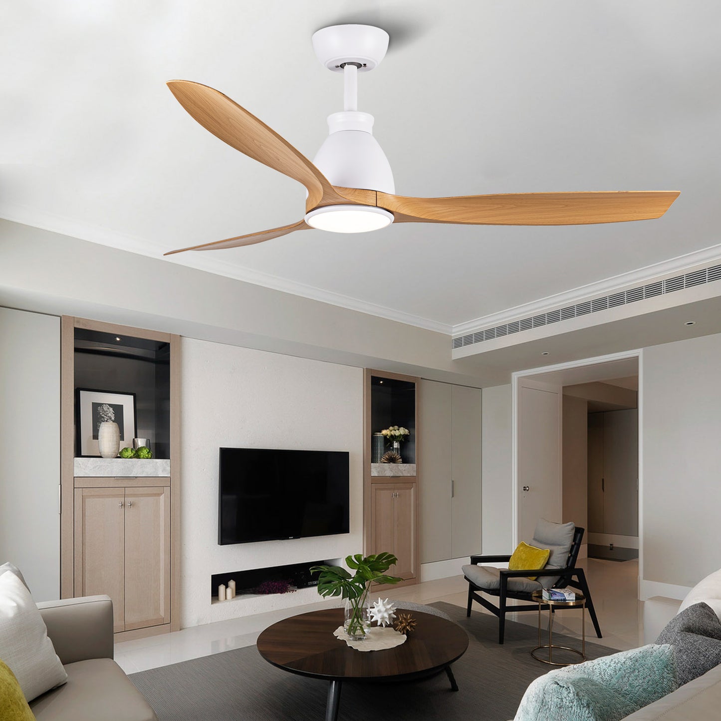 52 inch Indoor Ceiling Fan with Intergrated LED - Matte White with Antique Brown Wood Grain Blade