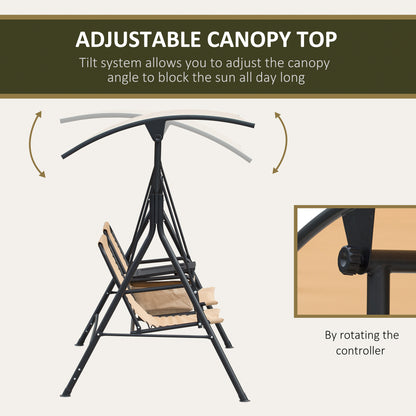 Outsunny 2-Seat Patio Swing Chair, Outdoor Canopy Swing Glider with Pivot Storage Table, Cup Holder, Adjustable Shade, Bungie Seat Suspension and Weather Resistant Steel Frame, Beige