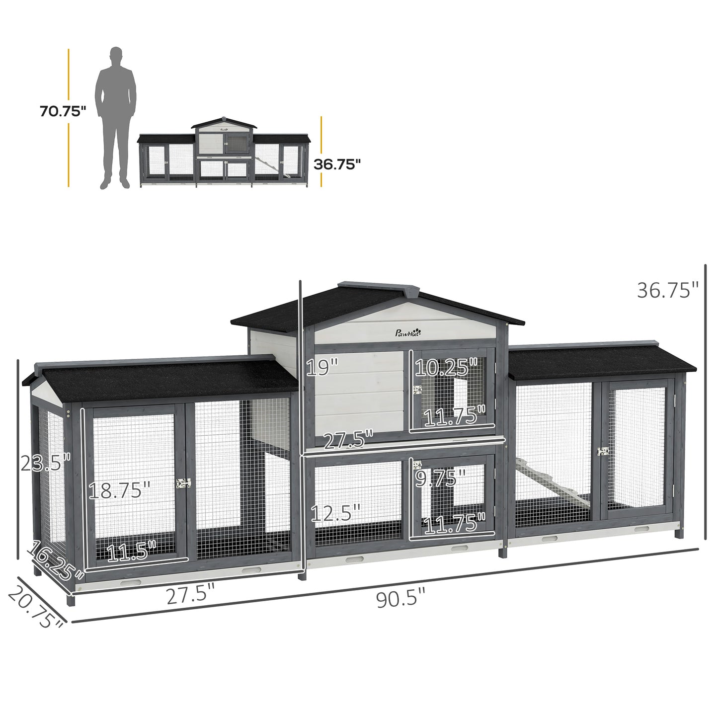 PawHut 90.5" Wooden Rabbit Hutch Bunny Cage Pet Playpen House Enclosure with Double Side Run Boxes, No Leak Tray, Ramp, for Guinea Pig and Small Animals, Light Gray