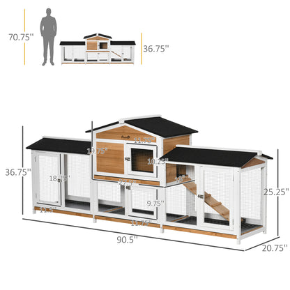 PawHut 90.5" Wooden Rabbit Hutch Bunny Cage Pet Playpen House Enclosure with Double Side Run Boxes, No Leak Tray, Ramp, for Guinea Pig and Small Animals, White