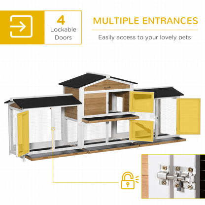 PawHut 90.5" Wooden Rabbit Hutch Bunny Cage Pet Playpen House Enclosure with Double Side Run Boxes, No Leak Tray, Ramp, for Guinea Pig and Small Animals, White