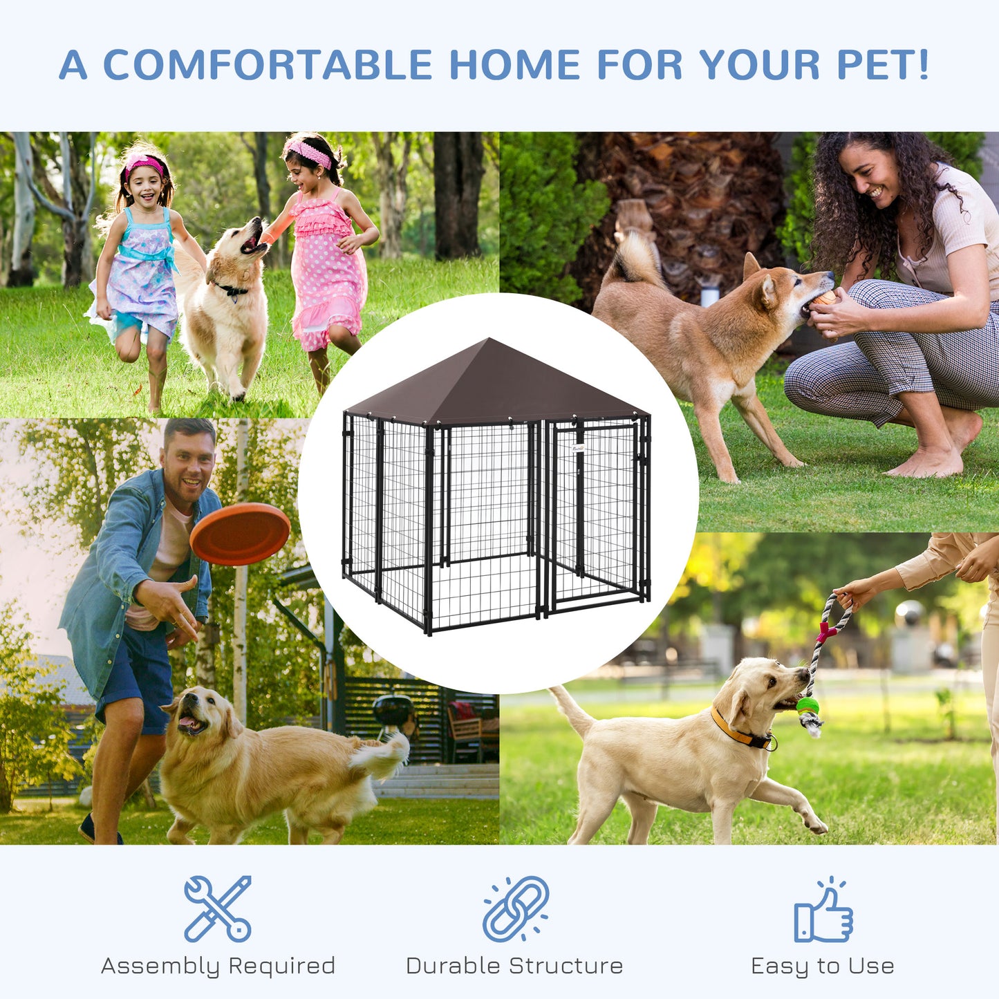 PawHut 5' x 5' x 5' Dog Kennel Outdoor, Walk-in Pet Playpen, Welded Wire Steel Dog Fence with Water-and UV-Resistant Canopy, Jet Black