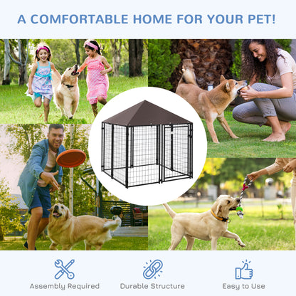 PawHut 5' x 5' x 5' Dog Kennel Outdoor, Walk-in Pet Playpen, Welded Wire Steel Dog Fence with Water-and UV-Resistant Canopy, Jet Black