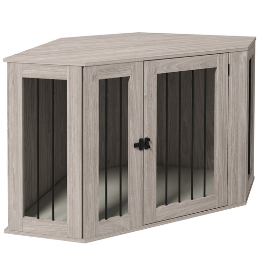 PawHut Corner Dog Crate Furniture, End Table Dog Kennel Furniture with Cushion, Pet Crate for Large-Sized Dog Indoor Use, Walnut Brown