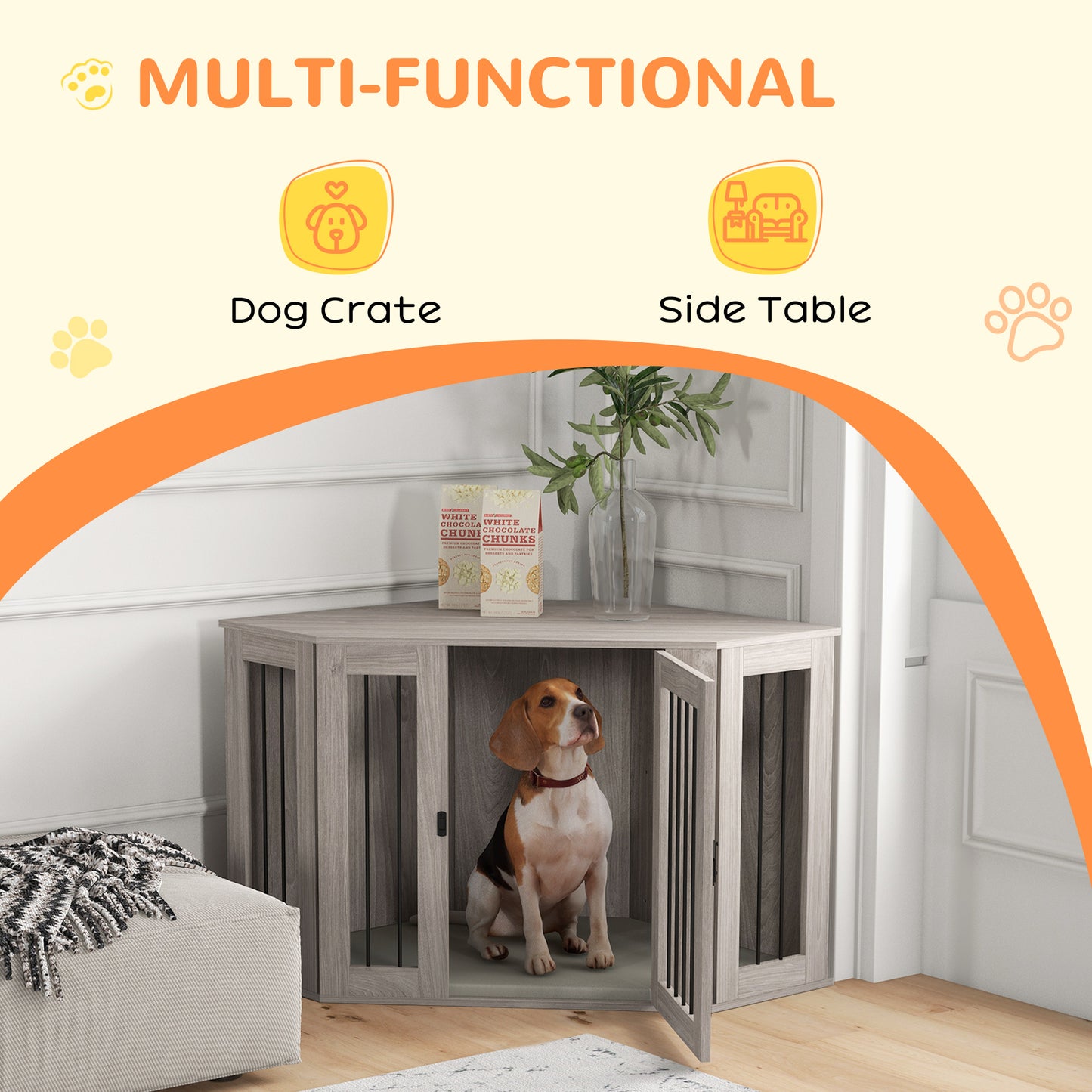 PawHut Corner Dog Crate Furniture, End Table Dog Kennel Furniture with Cushion, Pet Crate for Large-Sized Dog Indoor Use, Walnut Brown