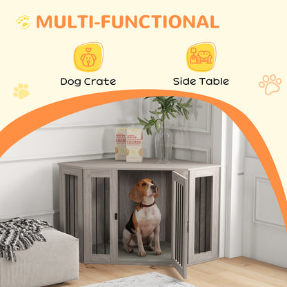 PawHut Corner Dog Crate Furniture, End Table Dog Kennel Furniture with Cushion, Pet Crate for Large-Sized Dog Indoor Use, Walnut Brown