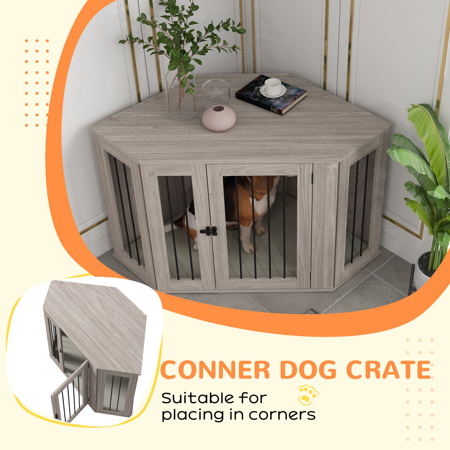 PawHut Corner Dog Crate Furniture, End Table Dog Kennel Furniture with Cushion, Pet Crate for Large-Sized Dog Indoor Use, Walnut Brown