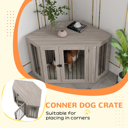 PawHut Corner Dog Crate Furniture, End Table Dog Kennel Furniture with Cushion, Pet Crate for Large-Sized Dog Indoor Use, Walnut Brown