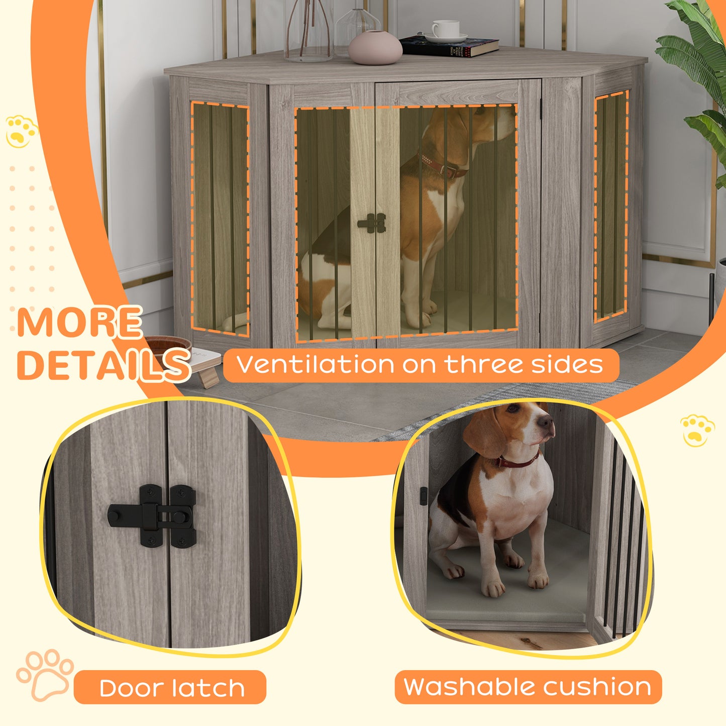 PawHut Corner Dog Crate Furniture, End Table Dog Kennel Furniture with Cushion, Pet Crate for Large-Sized Dog Indoor Use, Walnut Brown